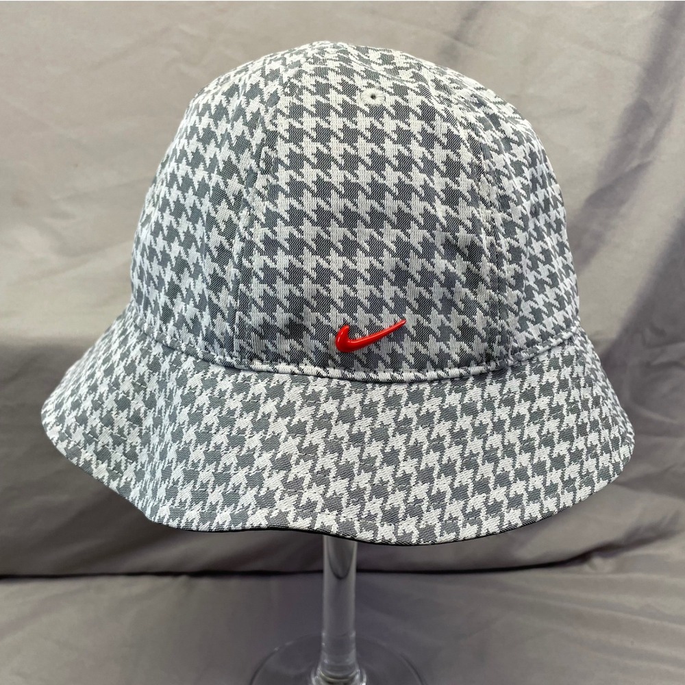 Nike Houndstooth Bucket Hat Grey White Red Swoosh Logo M/L Mens‎ Womens